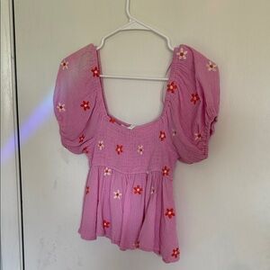 Altar'd State Pink Floral Puff Sleeve Blouse